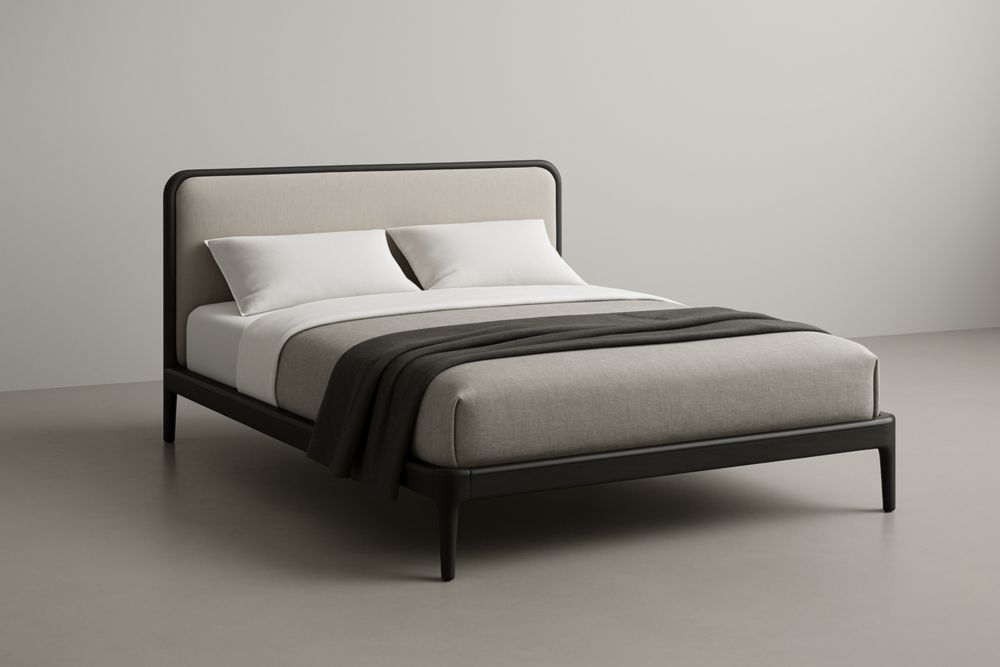 Letto matrimoniale in legno massello con testiera imbottita in tessuto Beige e Nero 200x160x100 cm