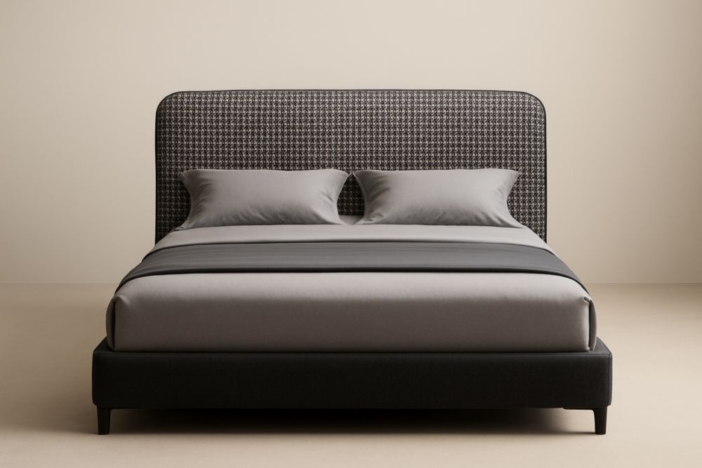 Letto matrimoniale in tessuto grigio/nero con testiera a motivi geometrici 200x160x100 cm