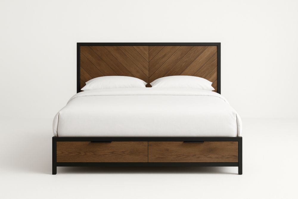 Letto matrimoniale in legno massello e alluminio con cassetti integrati