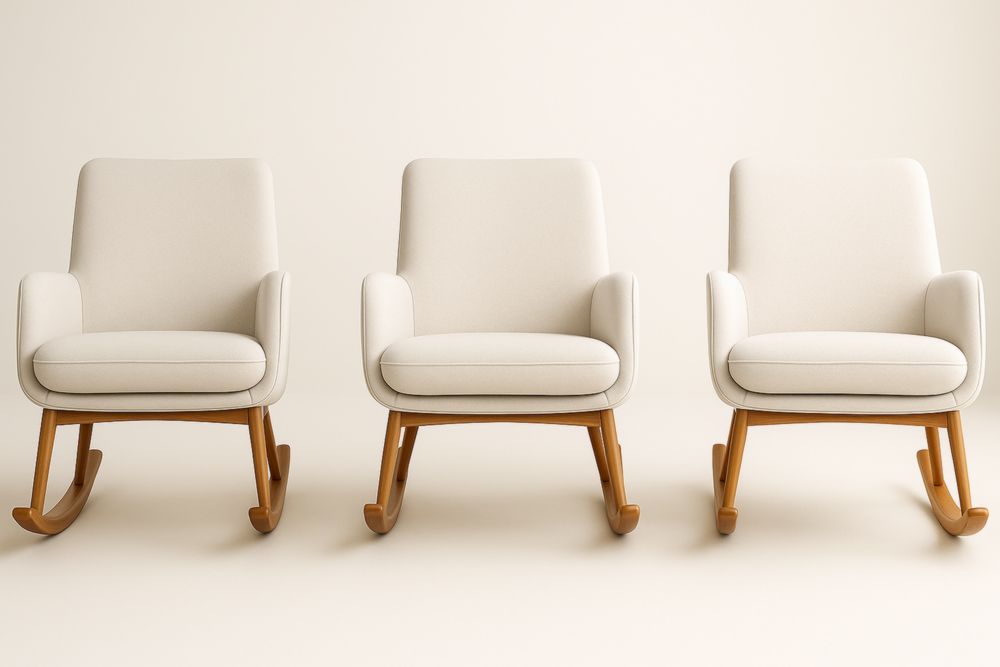 Set di 3 sedie a dondolo in legno e tessuto crema