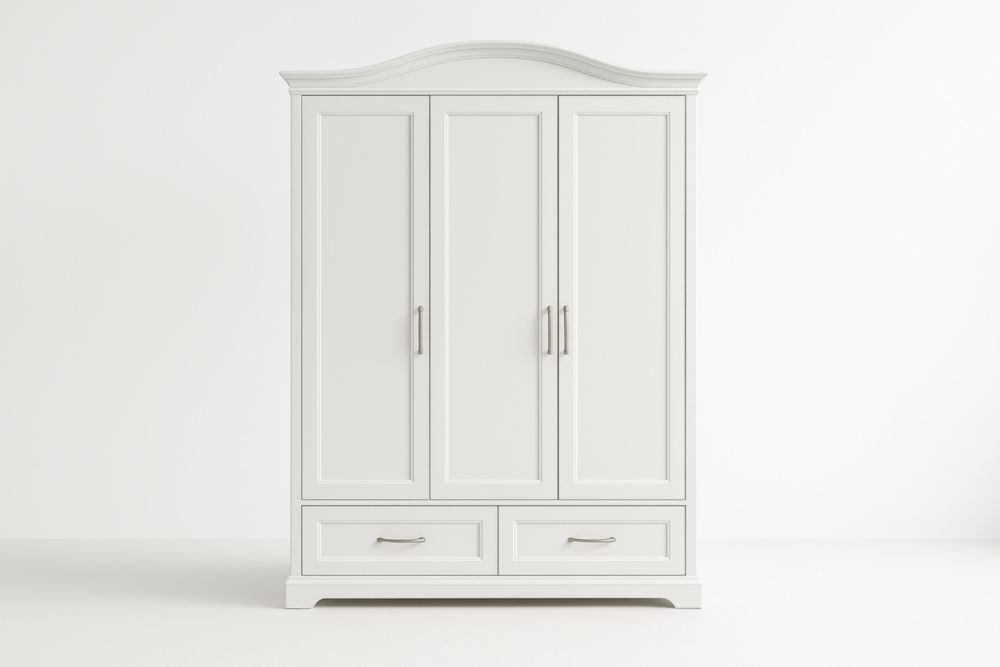 Armadio a tre ante con cassetti in legno bianco