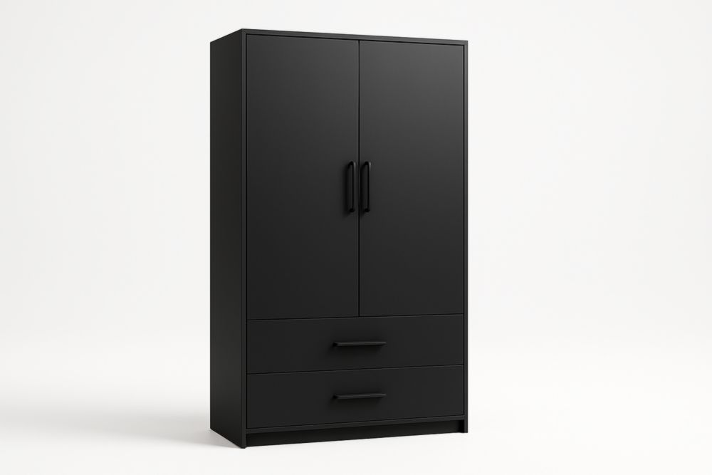 Armadio nero a due ante e due cassetti in MDF