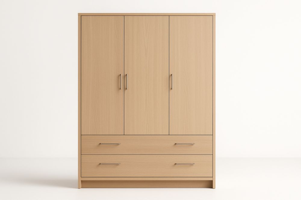 Armadio Tre Ante in Legno con Cassetti Beige