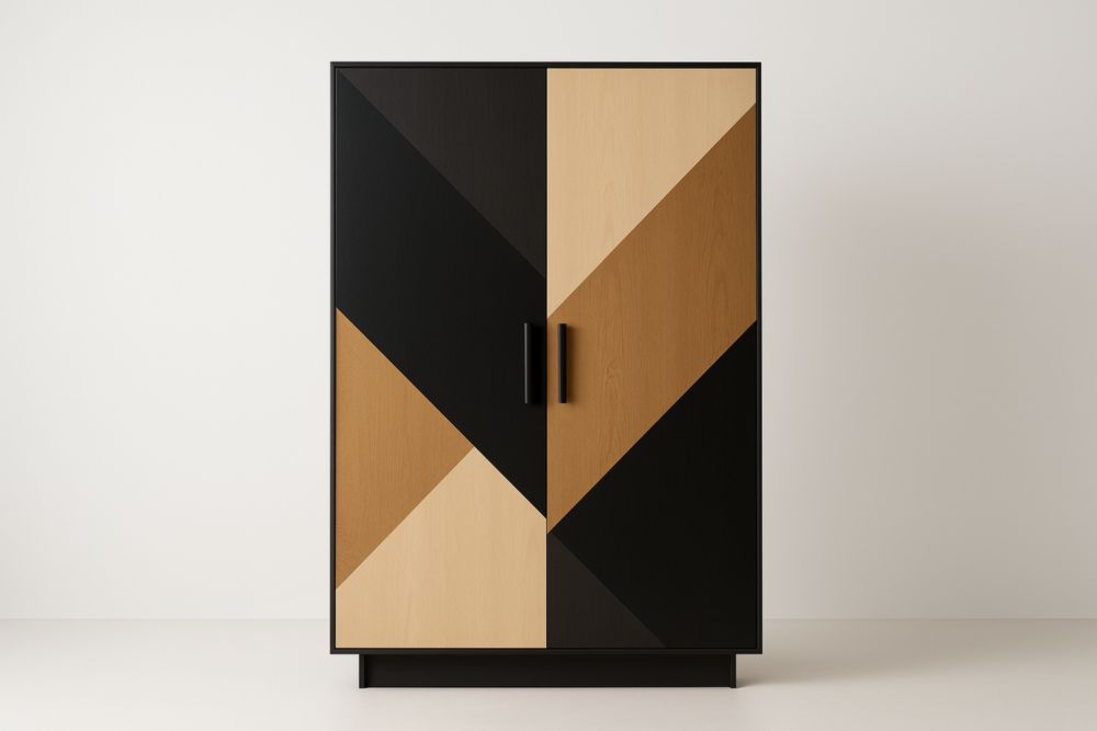 Armadio guardaroba in legno con motivo geometrico nero e marrone