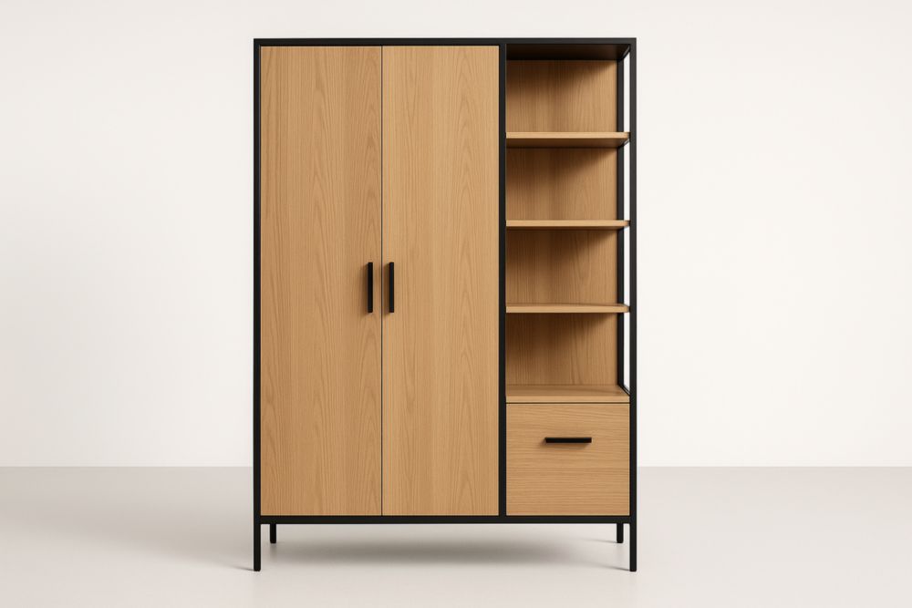 Armadio in Legno con 2 Ante e Ripiani Aperto Legno/Nero