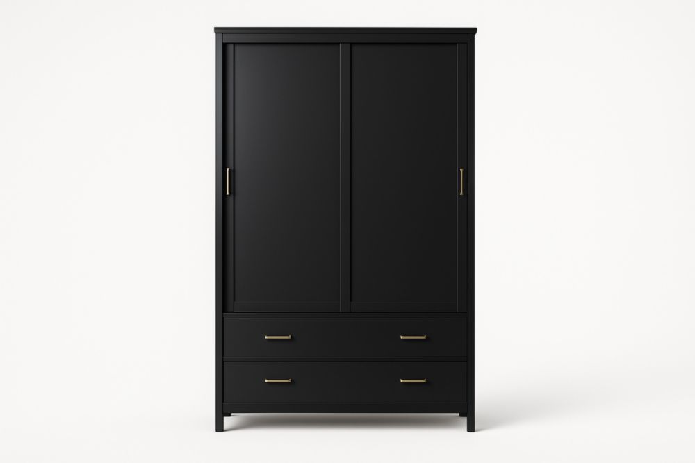 Armadio Due Ante Scorrevoli in Legno MDF Nero con Cassetti