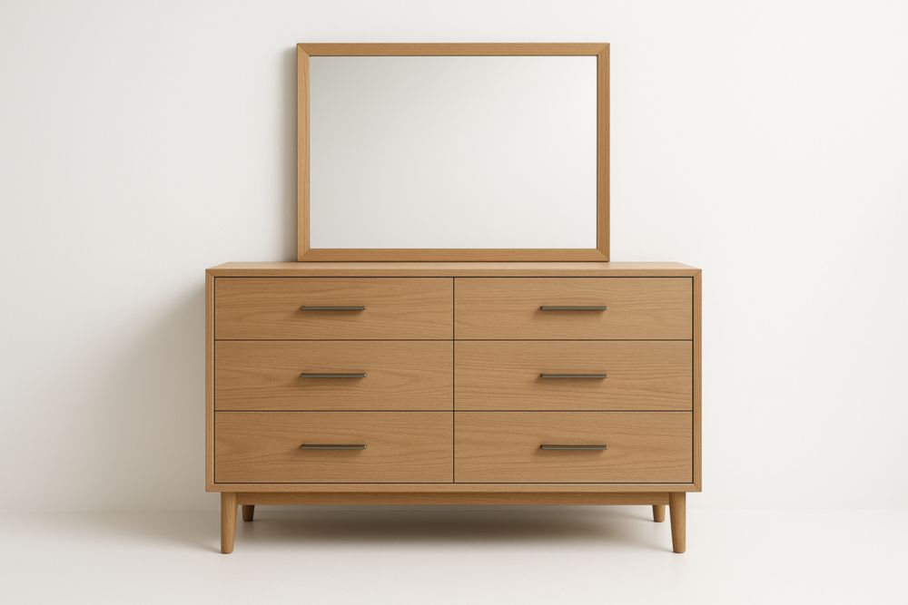 Cassettiera in legno massello con specchio e 6 cassetti