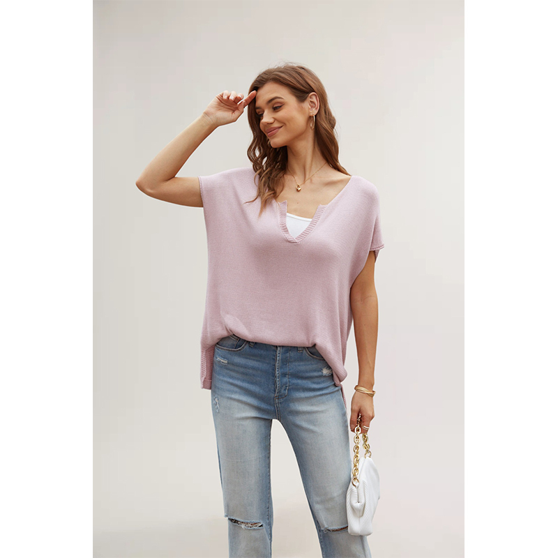 Summer women's new style V-neck solid color slit short-sleeved loose large size pullover sweater