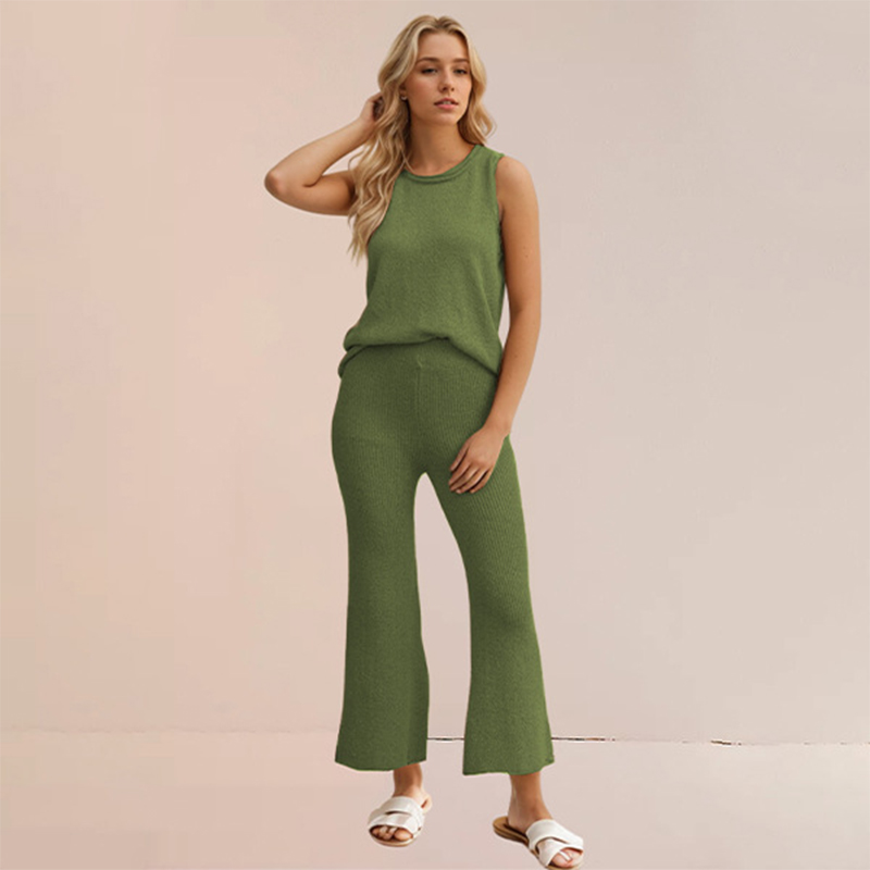 Summer new solid color knitted casual suit simple European and American style vest pullover two-piece set for women