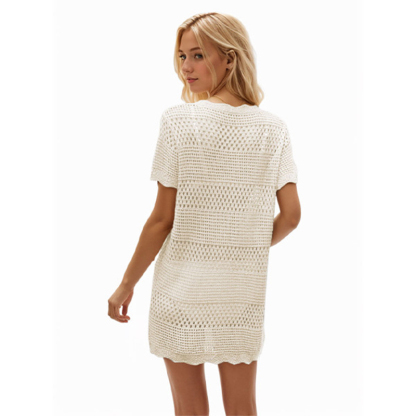 Summer new hot style round neck hand hook beach hollow blouse striped dress