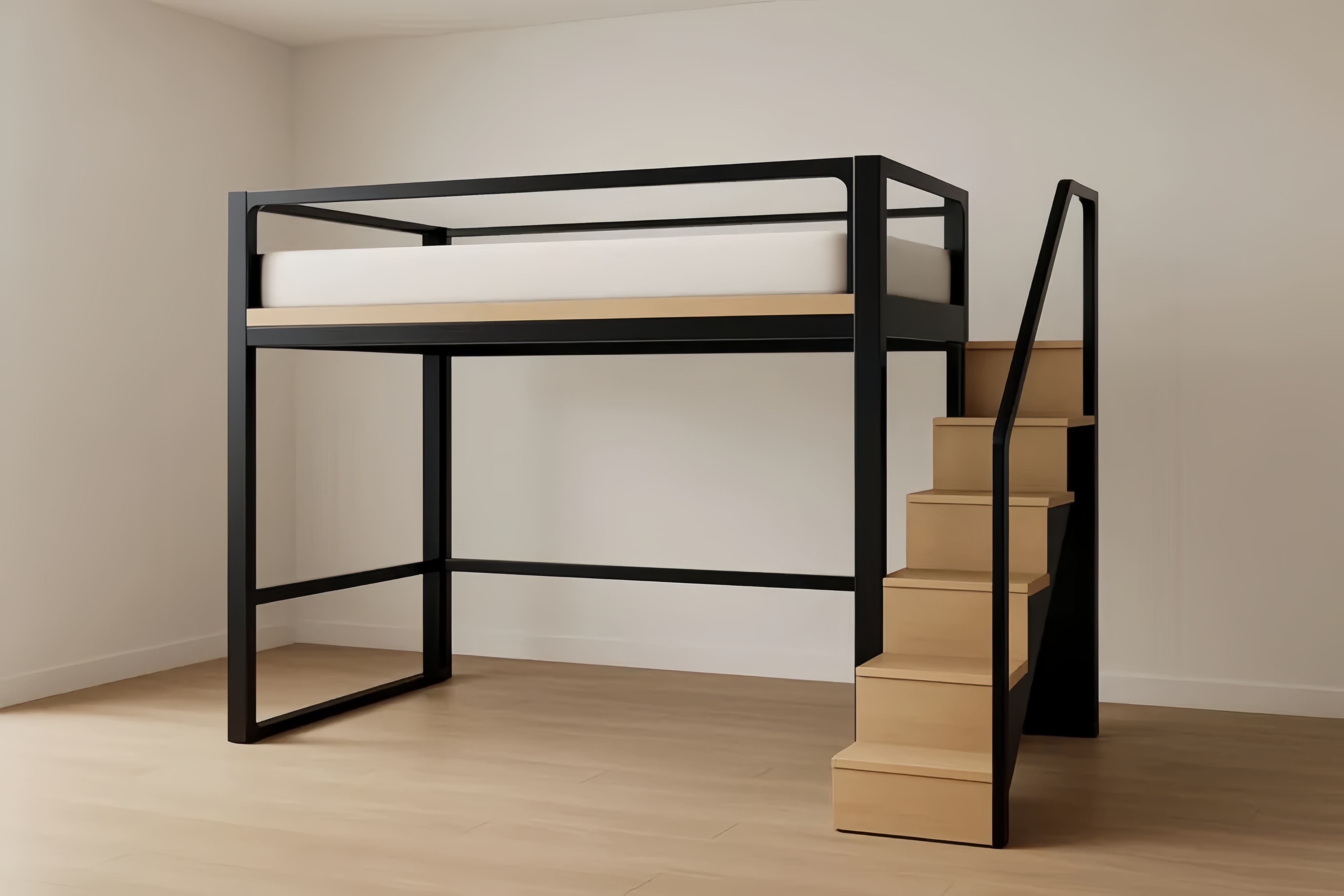 Lit mezzanine en métal noir avec matelas en mousse et escalier en bois