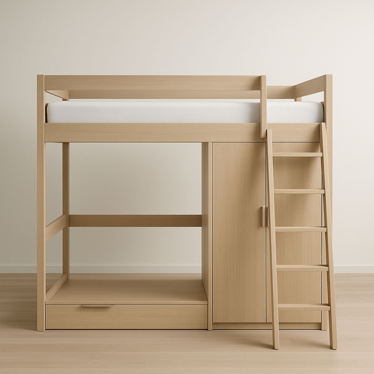 Lit mezzanine en bois clair avec échelle et armoire 200x90 cm