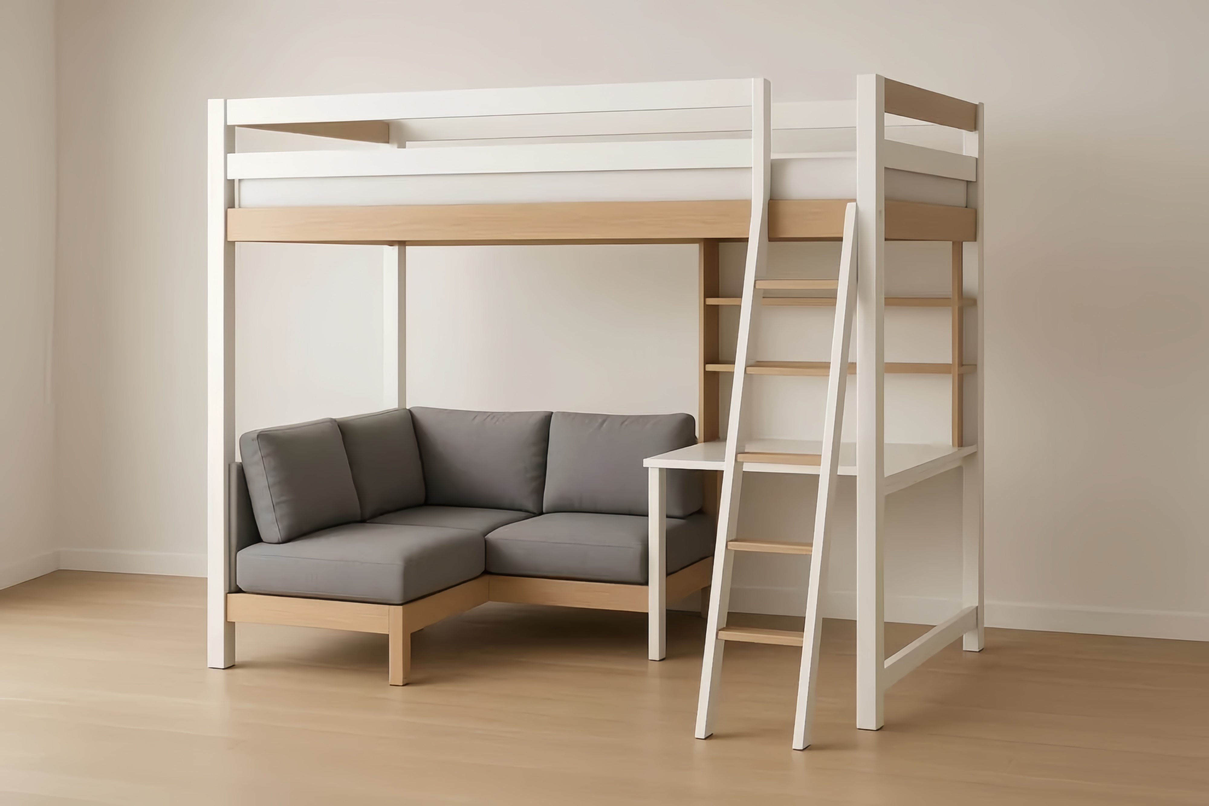 Lit mezzanine avec canapé et bureau en bois Blanc Gris
