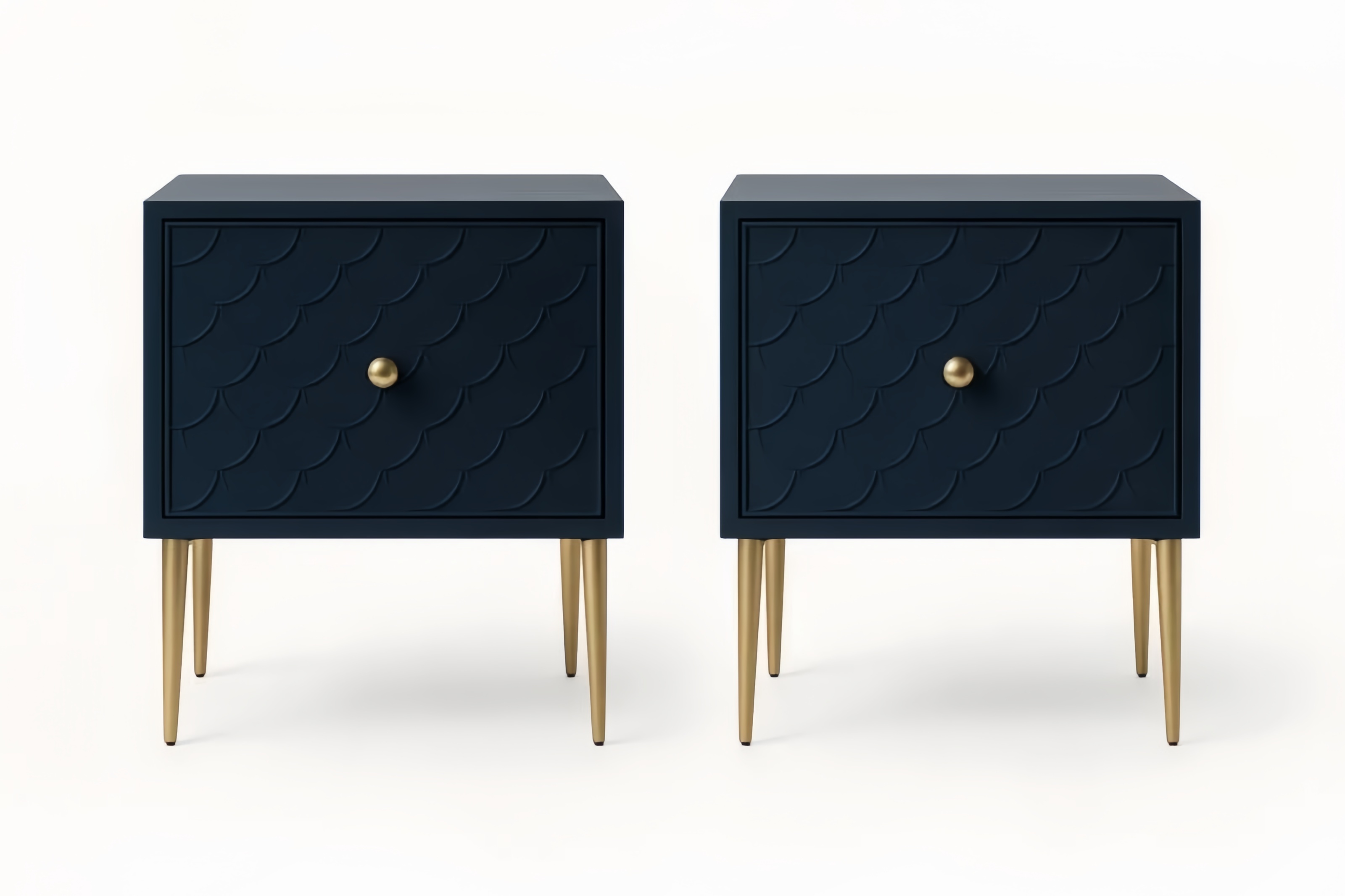 Lot de 2 tables de chevet bleu marine en bois MDF et métal doré 48x40x35cm