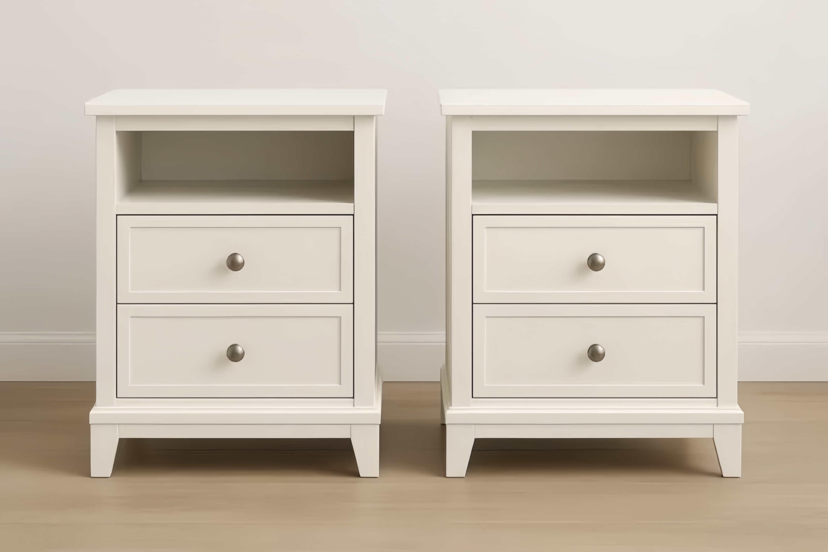 Lot de 2 tables de chevet 50x40x60 cm en MDF peint avec 2 tiroirs et 1 tablette, poignées en alliage de zinc finition nickel brossé