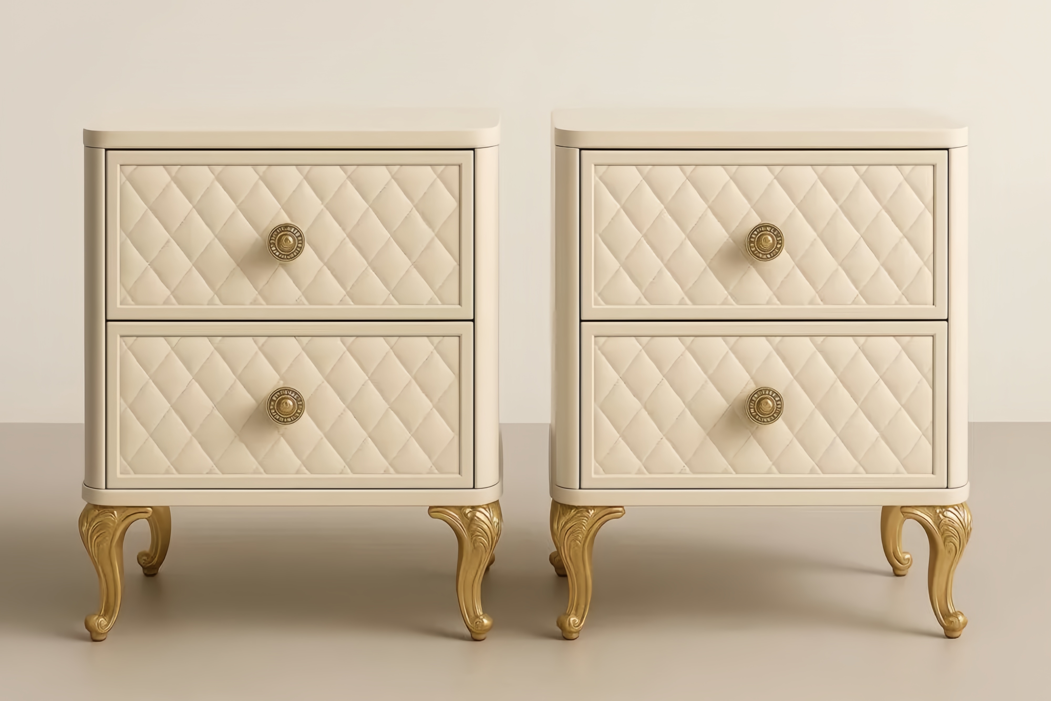 Tables de Nuit à 2 Tiroirs en Bois MDF Beige et Détails Dorés