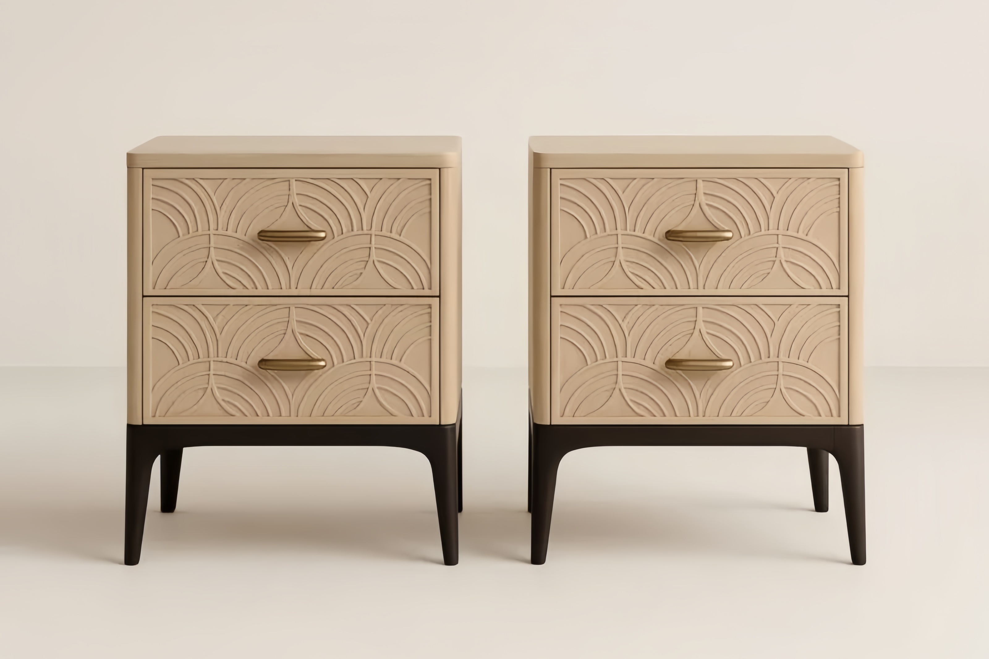 Lot de 2 tables de chevet 50x40x60 cm beige panneaux de particules 2 tiroirs poignées acier doré