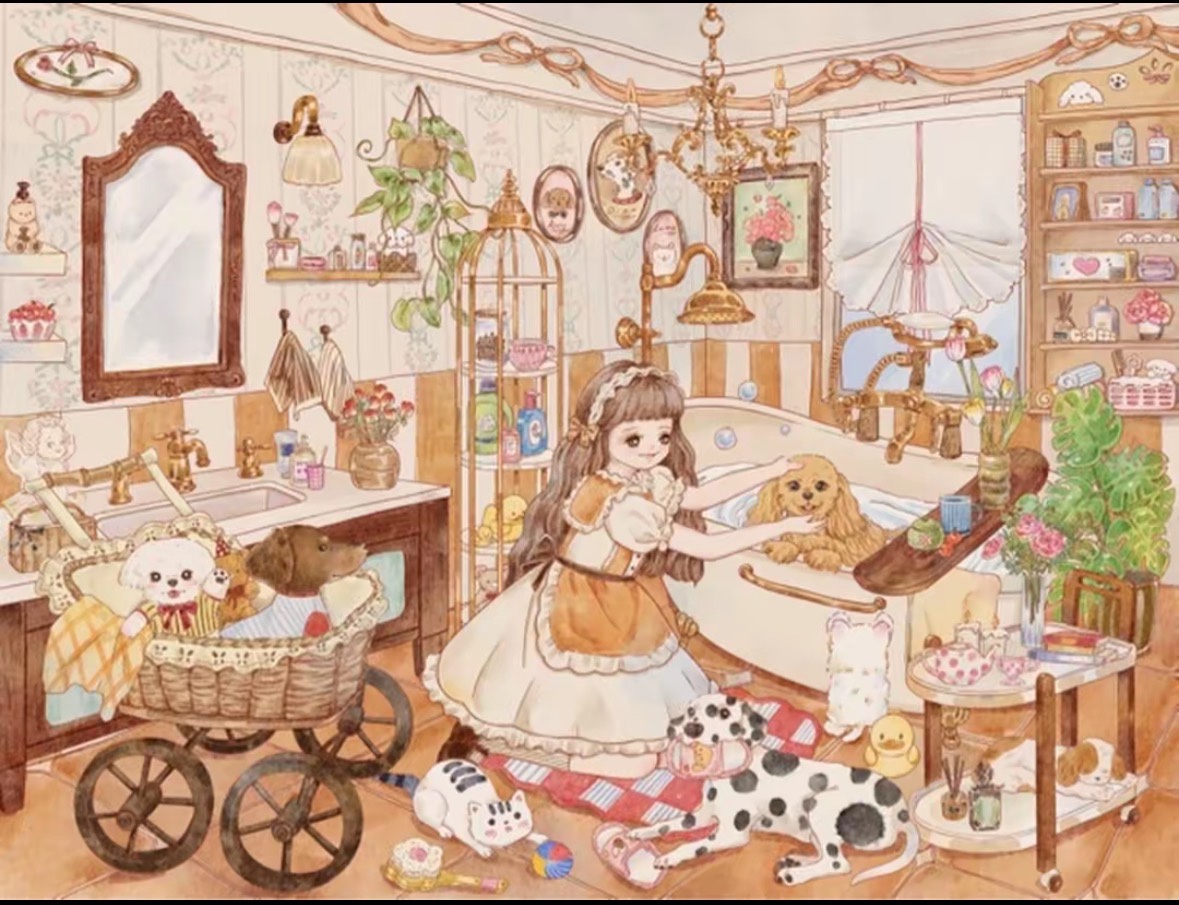 Cute Lolita Girl Pet Bath Time Diorama Scene Stickers, Vintage Warm Bathroom 3D Landscape PET Stickers for DIY Journal Crafts