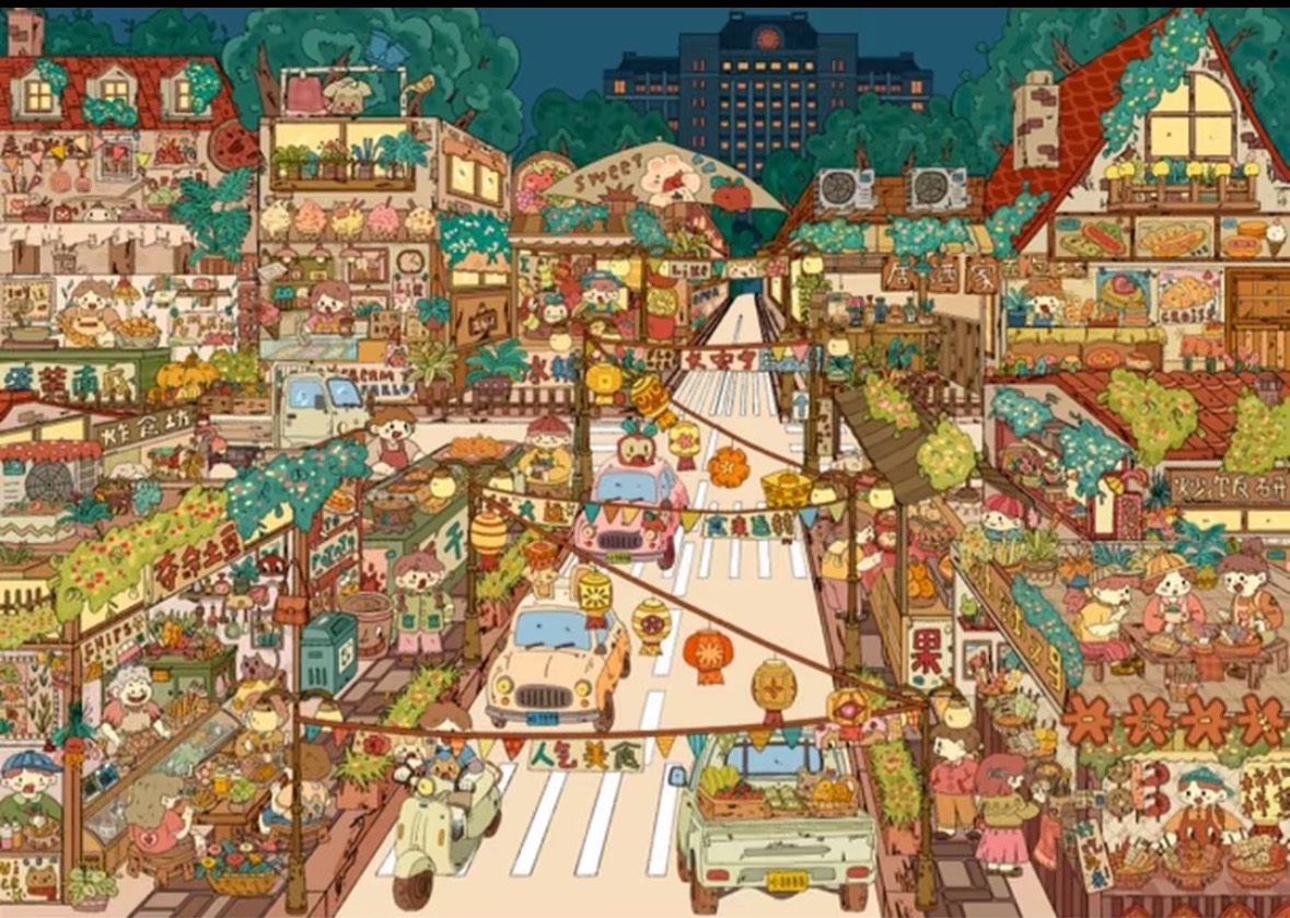 Vintage Night Market Street Diorama Scene Stickers, Bustling Town Fair 3D Landscape PET Stickers for DIY Journal & Crafts