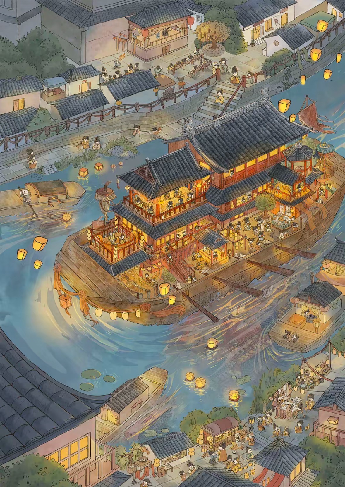 Ancient Chinese Night River Cruise Mini Diorama Scene Stickers, Retro Ancient Town 3D Landscape PET Stickers for DIY Journal Scrapbooking