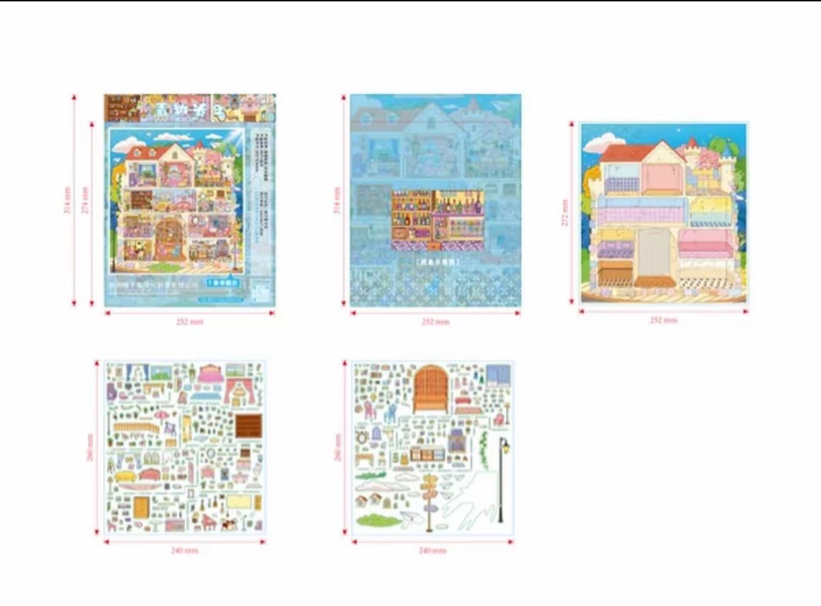 Cute Fantasy Castle Mansion 3D Diorama Scene Stickers, Big Size Multi-Room Mini Dollhouse Landscape PET Stickers for DIY Journal Craft