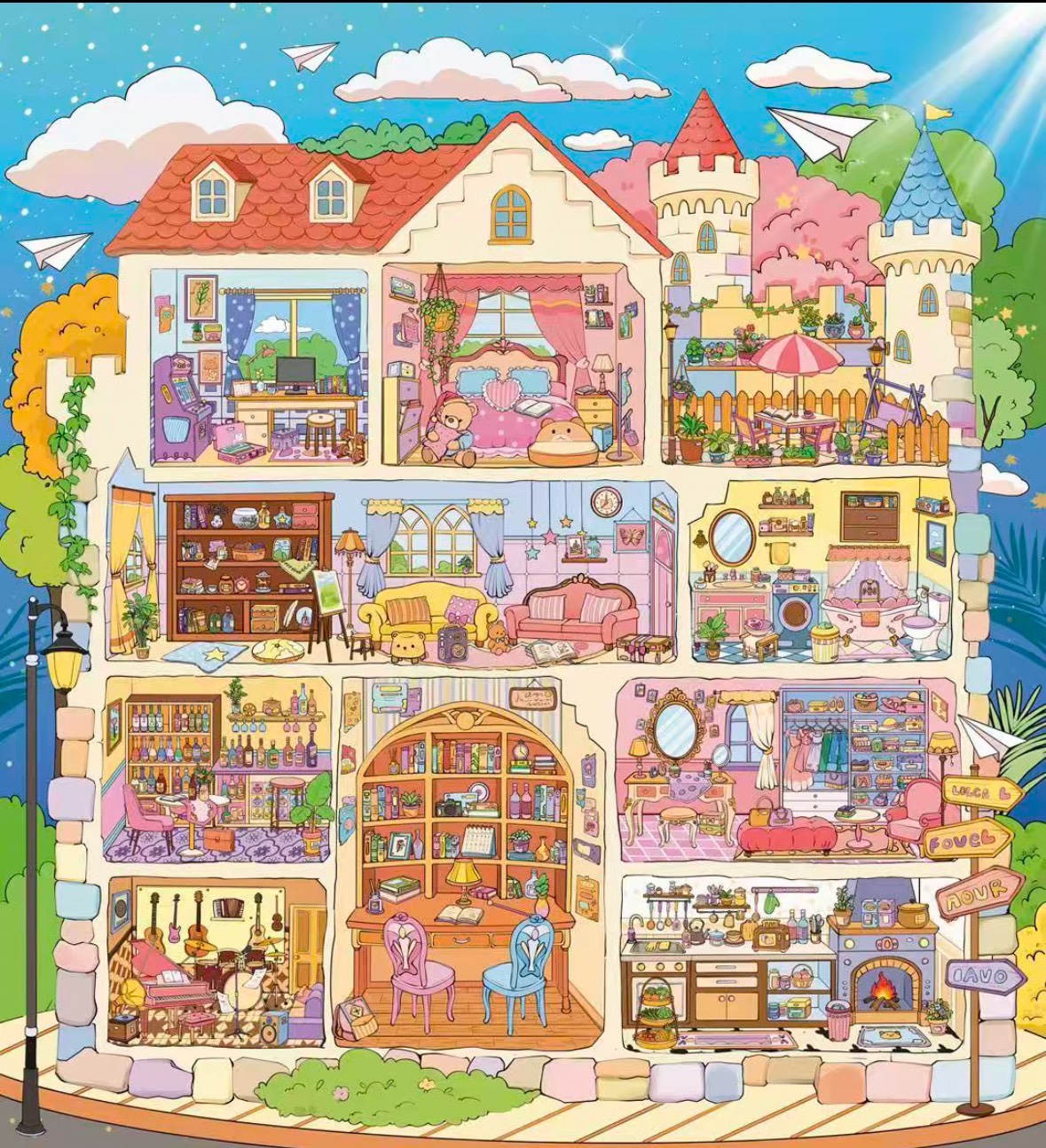 Cute Fantasy Castle Mansion 3D Diorama Scene Stickers, Big Size Multi-Room Mini Dollhouse Landscape PET Stickers for DIY Journal Craft