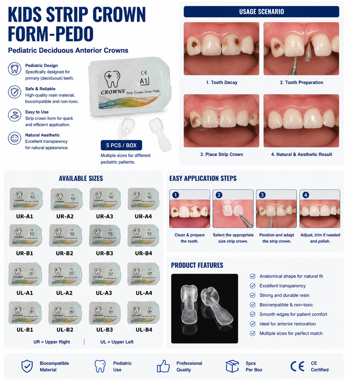 5pcs Dental Strip Crown Kids Form-Pedo Resin Pediatric Deciduous Anterior Crowns