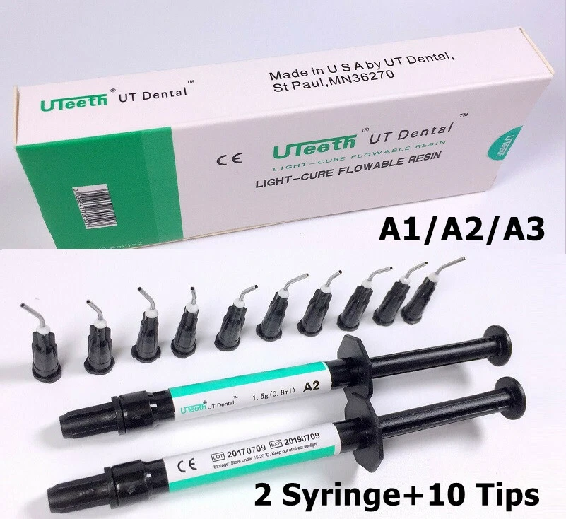 Dental Composite Light Cure Flowable Resin 2 Syringe+10 Tips Kit A1 A2 A3 Color