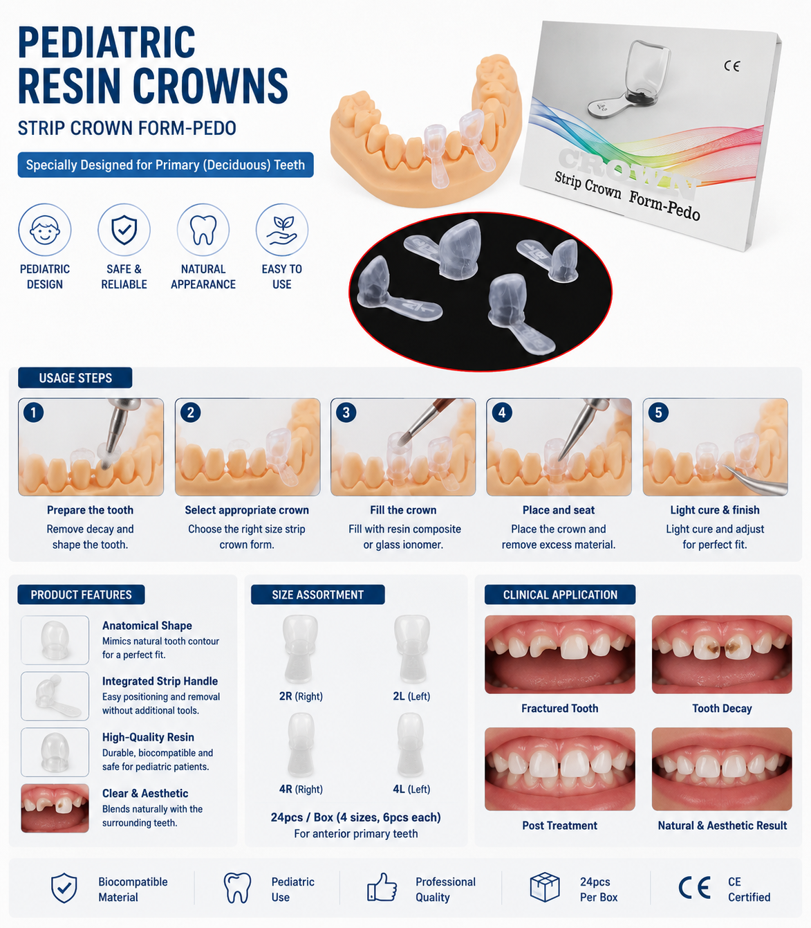 Dental Resin Kids Crowns Pediatric Deciduous Primary Anterior Crown 24pcs