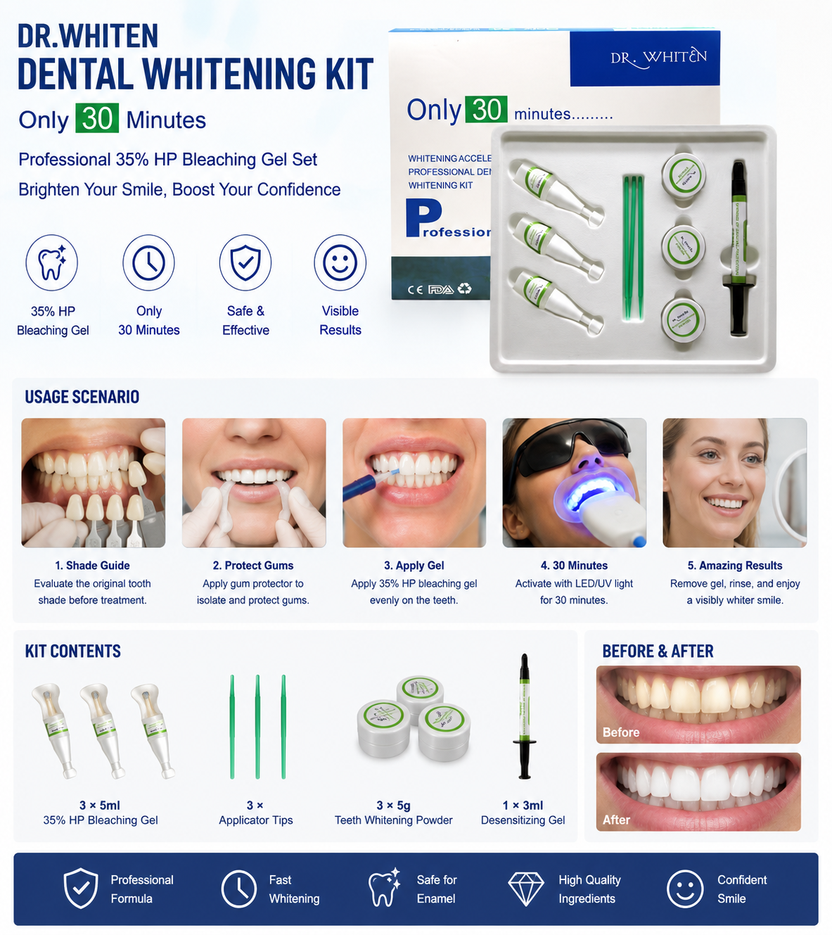 Dental Whitening Kit 30 Minutes Dr.Whiten 35% HP Bleaching Gel Set Teeth Powder