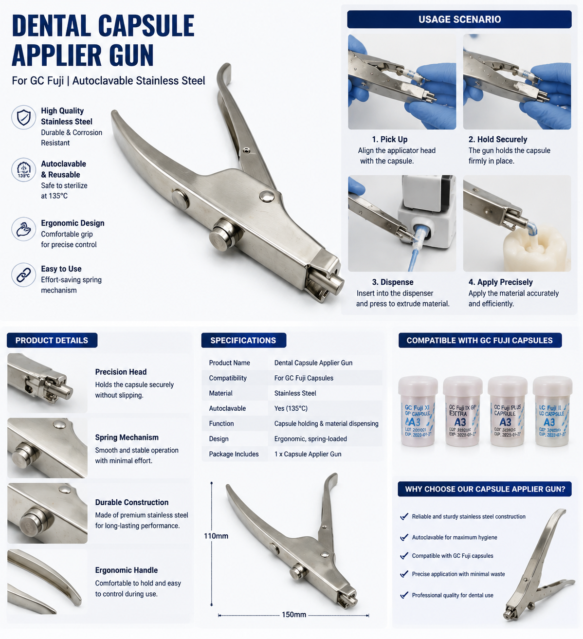 Dental Capsule Applier Applicator Gun For GC Fuji Autoclavable Stainless Steel