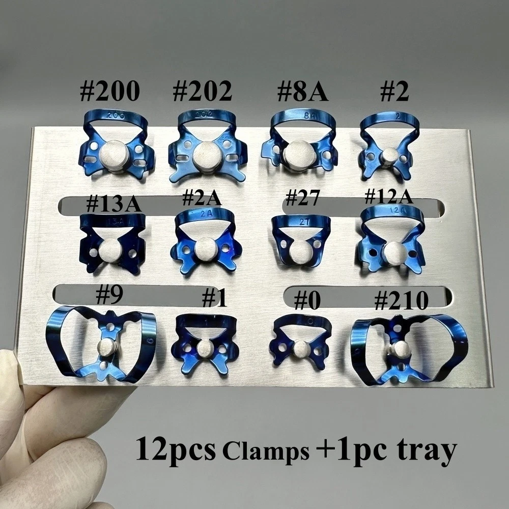 13Pcs/Kit Endodontic Rubber Dam Clamp Blue Dental Instruments With Tray Holder