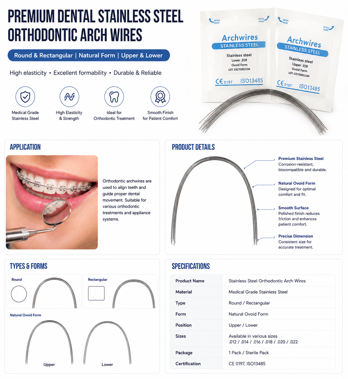 Premium Dental Stainless Steel Orthodontic Arch Wires Round & Rectangular Natural Form for Upper Lower
