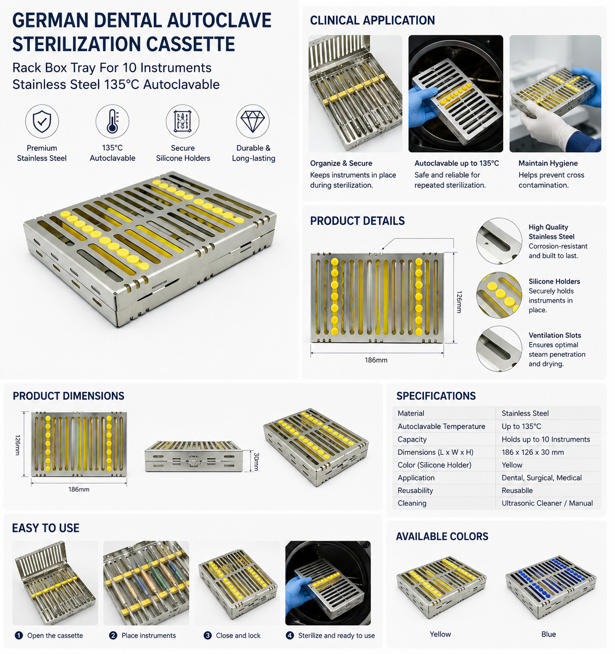 German Dental Autoclave Sterilization Cassette Rack Box Tray For 10 Instrument Stainless steel 135℃ Autoclavable