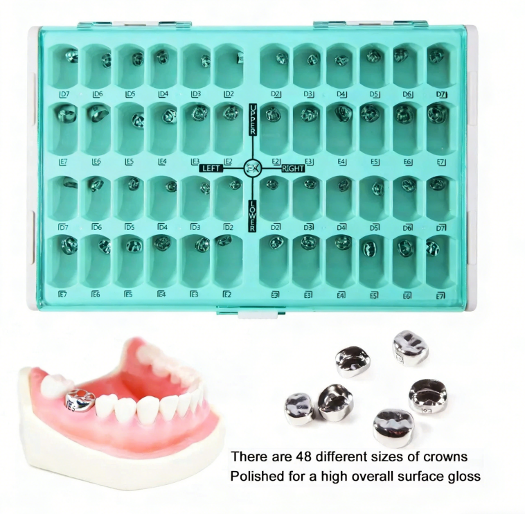 48 Sizes Stainless Steel Dental Kids Primary Molar Crowns Pediatric Crowns kit