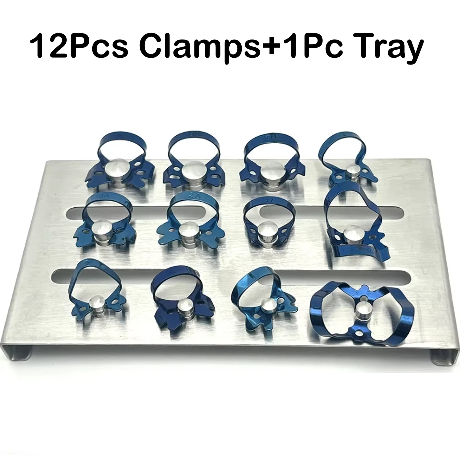 13Pcs/Kit Endodontic Rubber Dam Clamp Blue Dental Instruments With Tray Holder