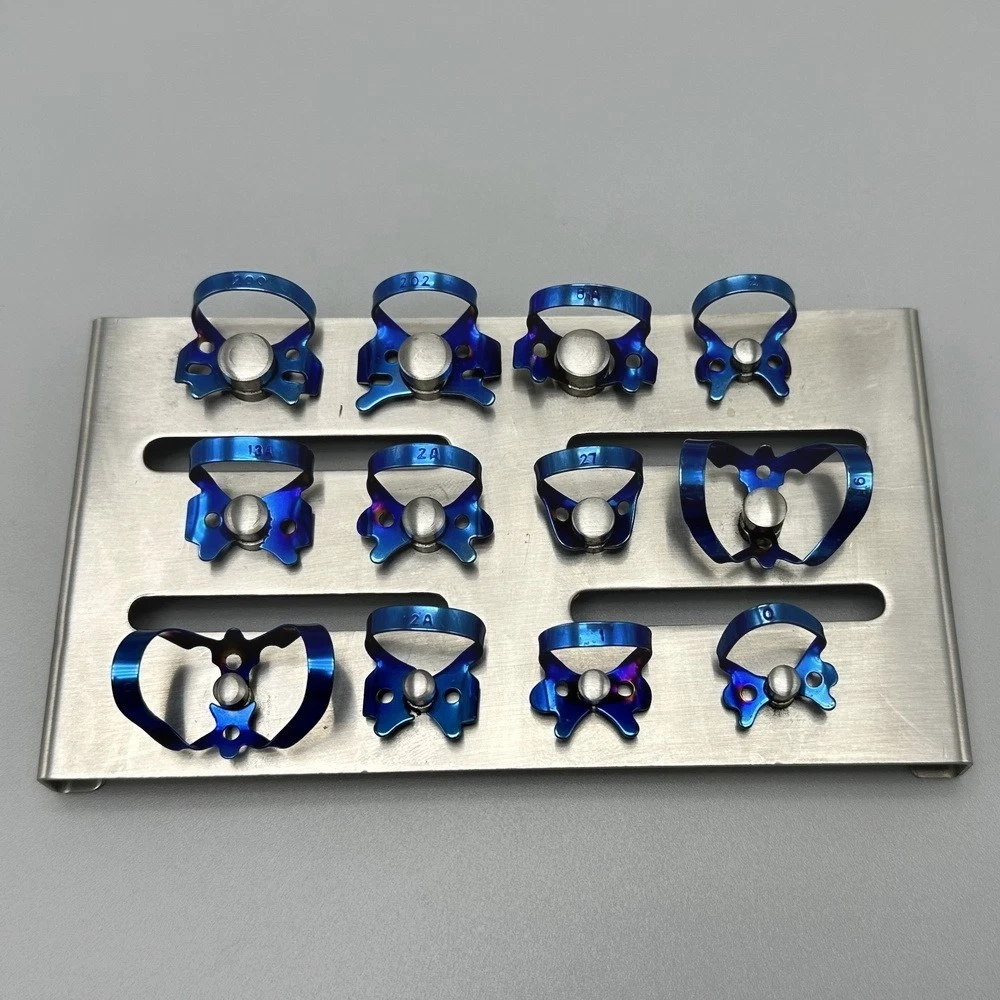 13Pcs/Kit Endodontic Rubber Dam Clamp Blue Dental Instruments With Tray Holder