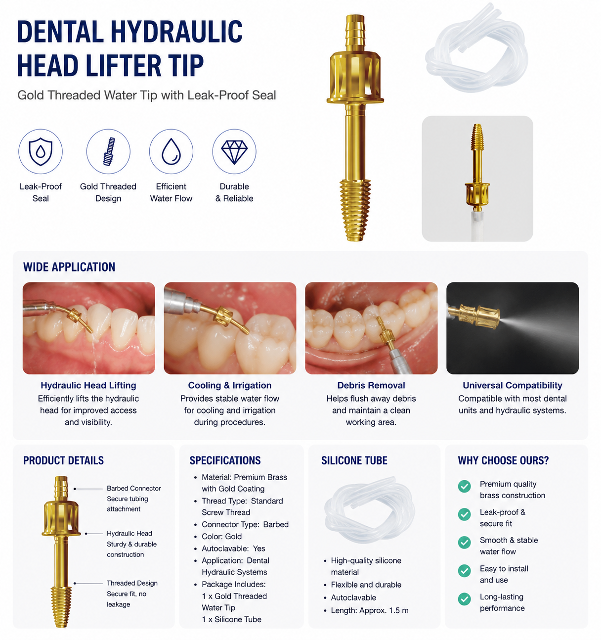 Dental Hydraulic Water Tip with Gold Threaded Connector – Leak-Proof Irrigation Head for Dental Unit Systems