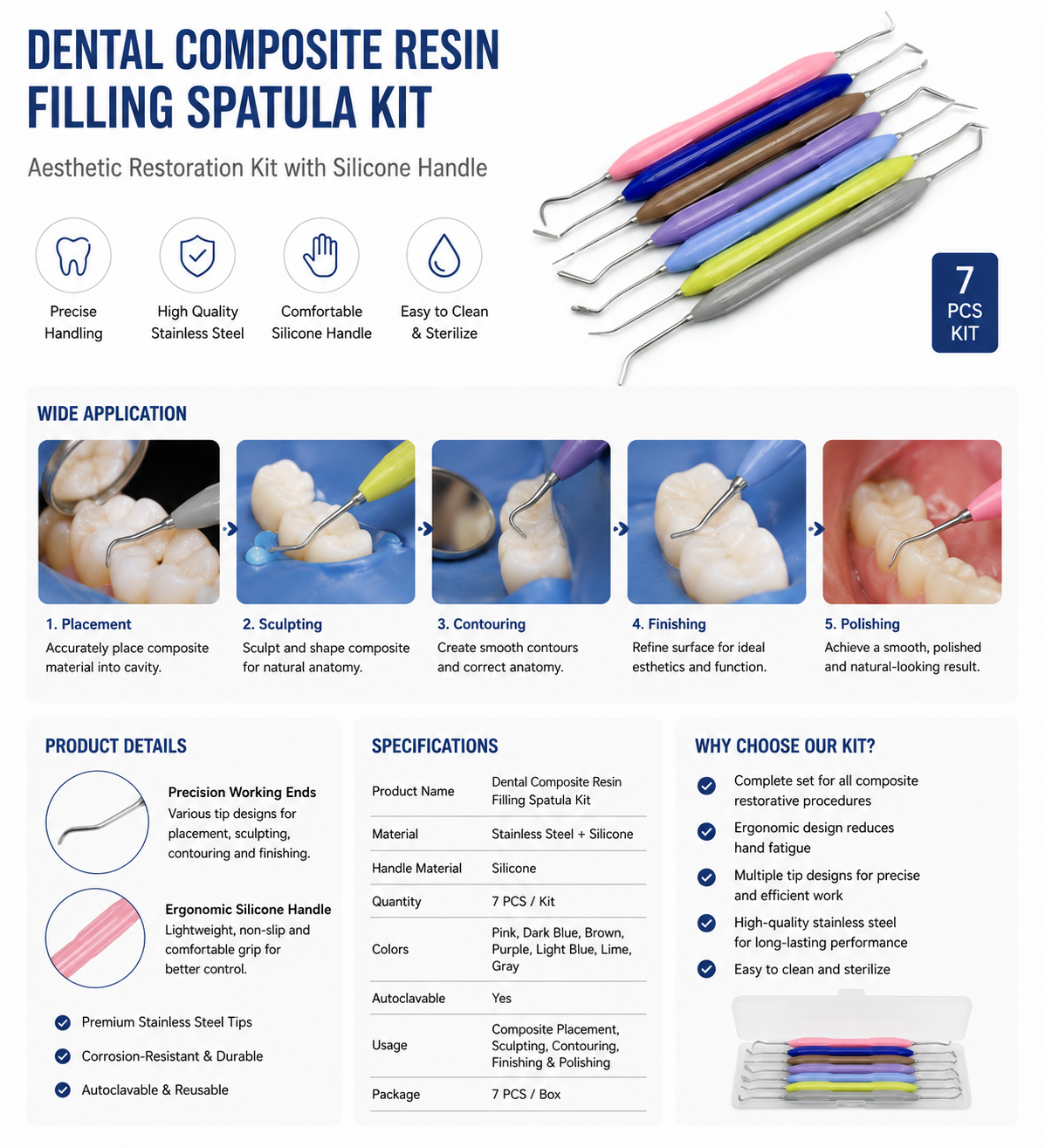 Dental Composite Resin Filling Spatula Set with Silicone Handles, Multi-Purpose Aesthetic Restoration Kit