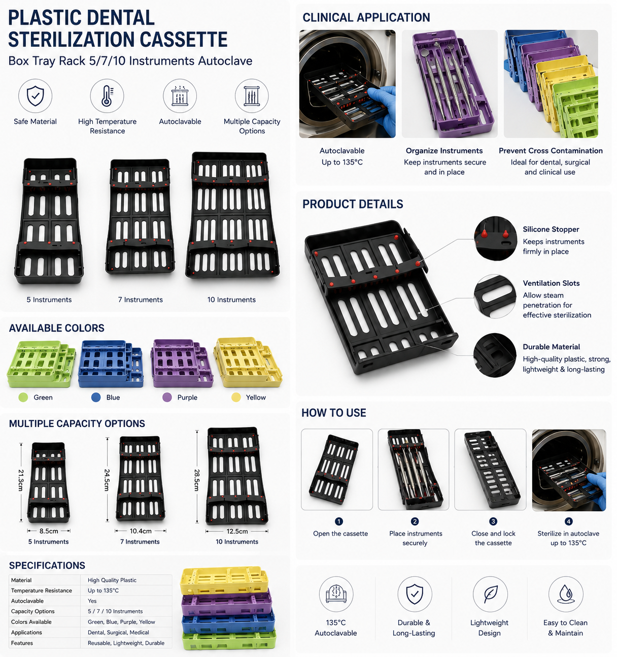 Plastic Dental Sterilization Cassette Box Tray Rack 5/7/10 Instruments Autoclave