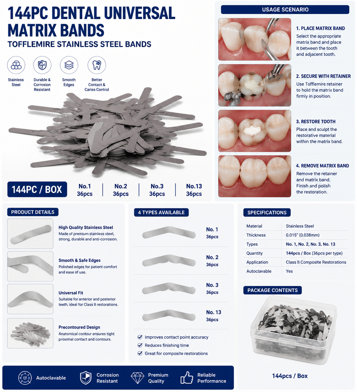 144pc Dental universal Matrix Bands Tofflemire Stainless Steel bands 0.015' #1 #2 #3 #13