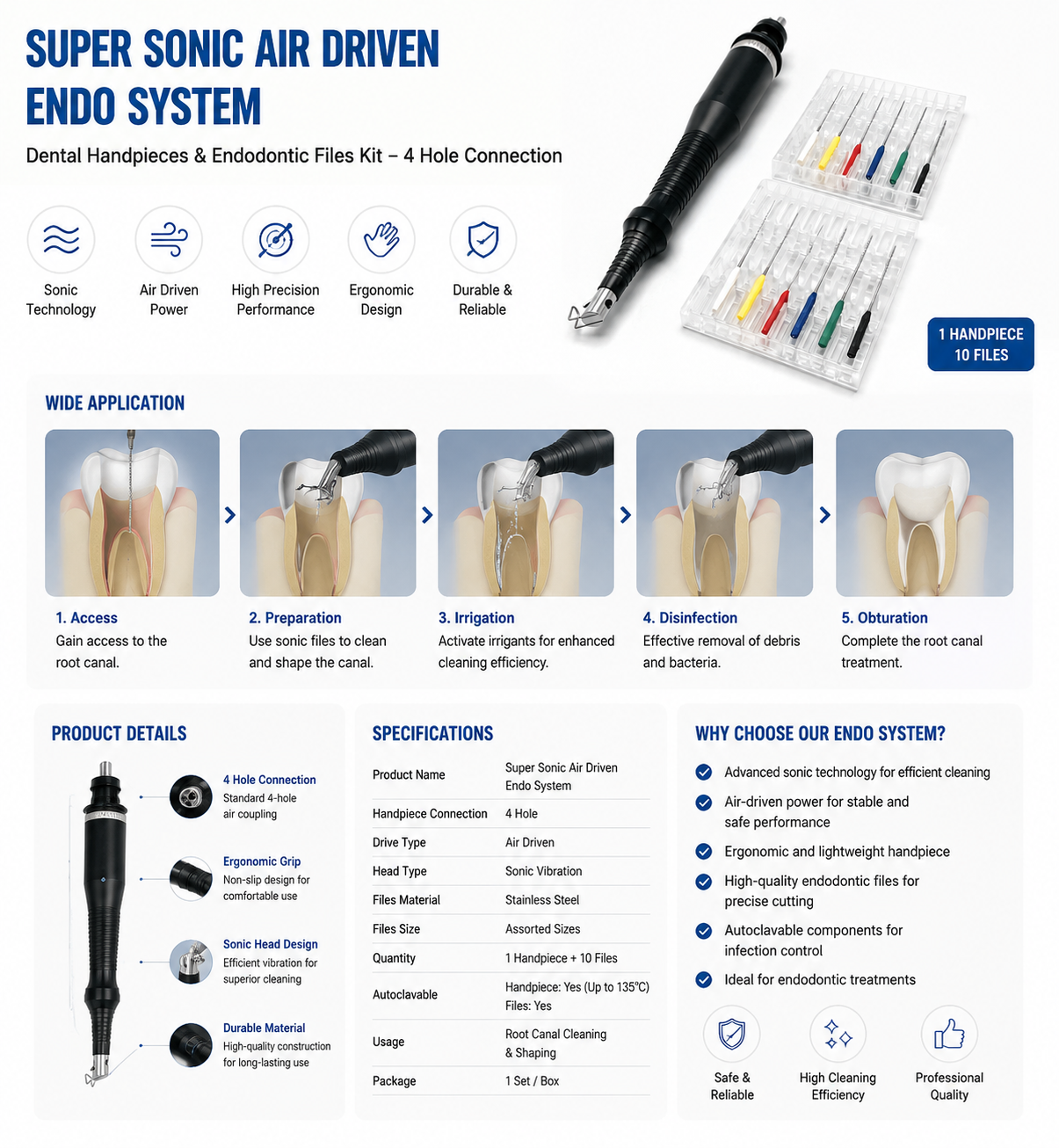 Dental Handpieces Super Sonic Air Driven Endo System Endodontic Handpiece Files 4Hole
