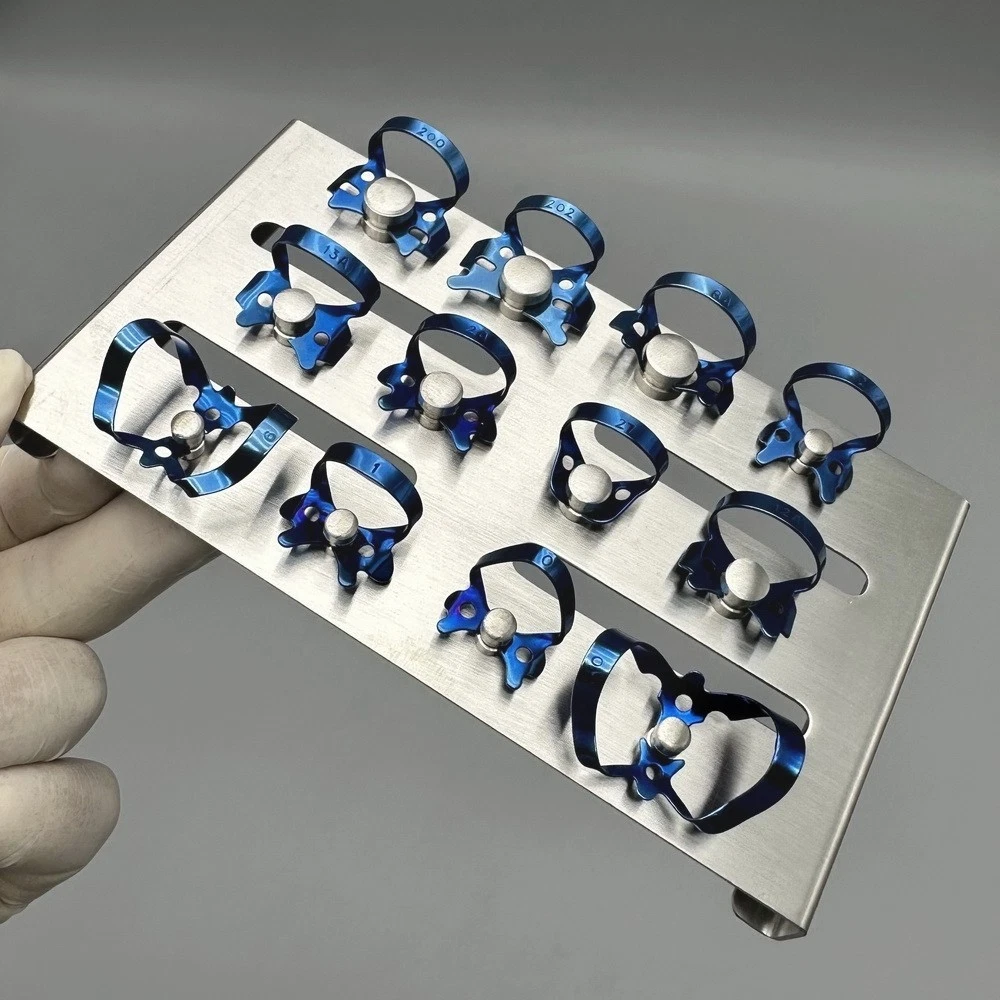 13Pcs/Kit Endodontic Rubber Dam Clamp Blue Dental Instruments With Tray Holder