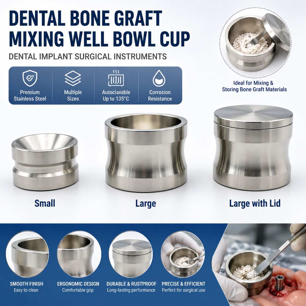 Dental Bone Graft Surgical Instruments Implant Bone Mixing Well Bowl Cup with lid