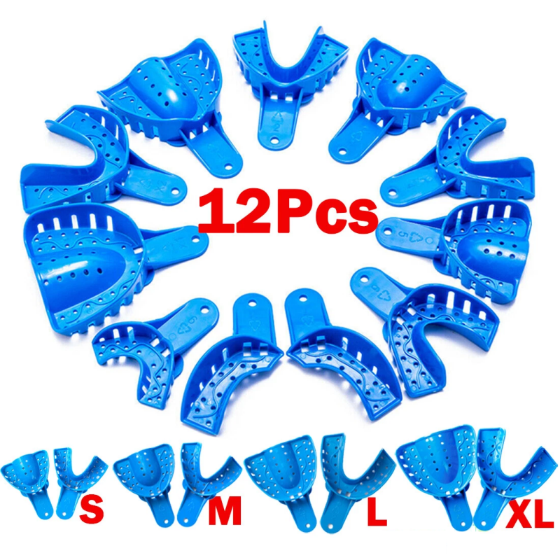 12Pcs Dental Disposable Impression Trays Plastic Perforated Denture Upper/Lower Large Medium Small