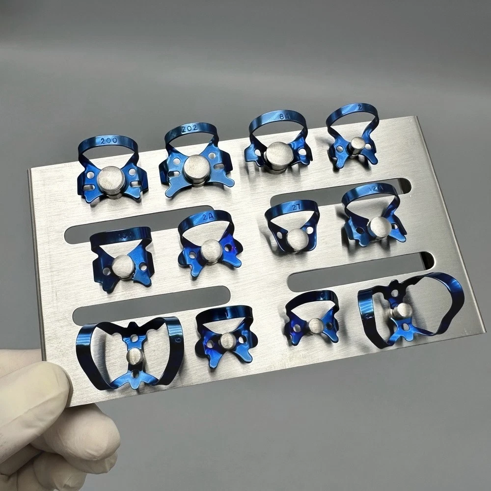 13Pcs/Kit Endodontic Rubber Dam Clamp Blue Dental Instruments With Tray Holder