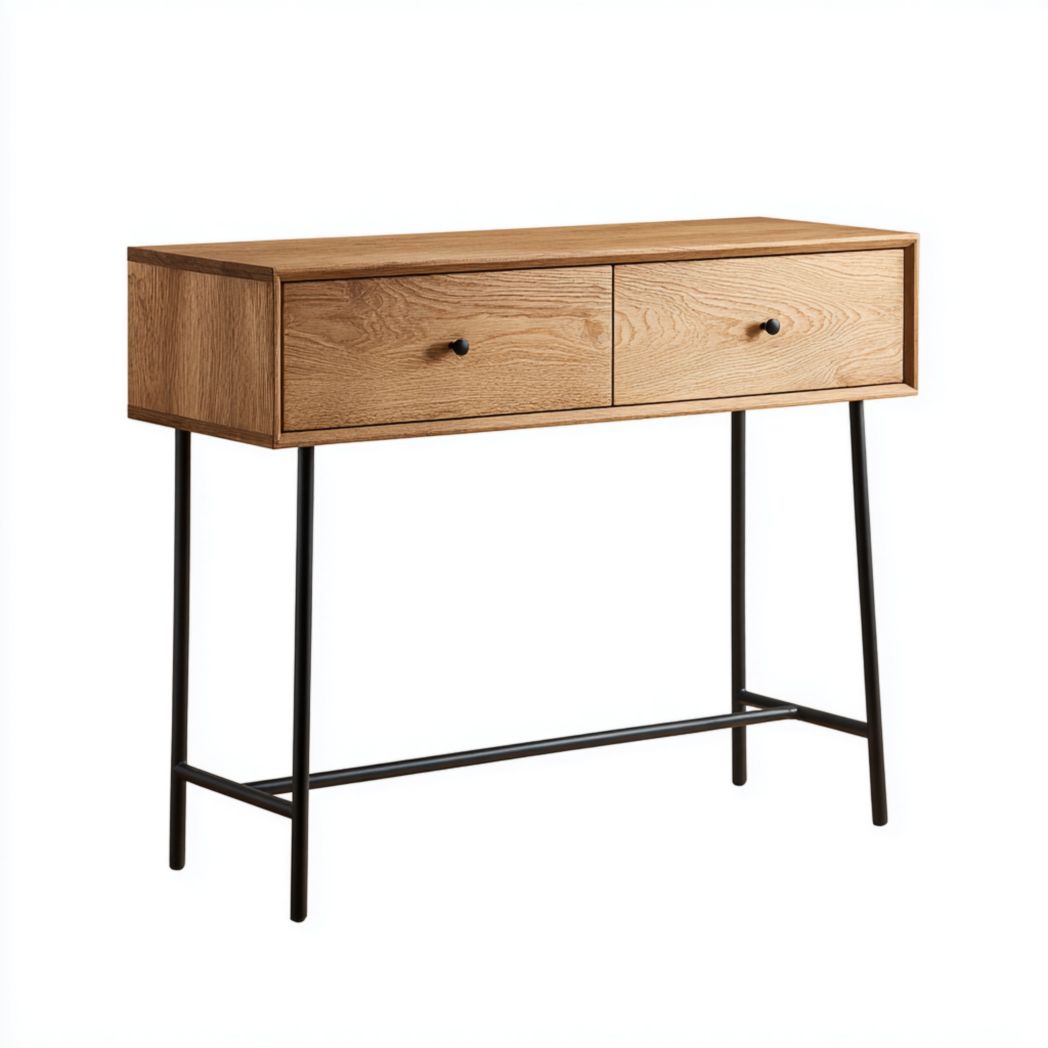 Console en bois brun clair avec pieds métalliques noirs et 2 tiroirs-Belleytrim
