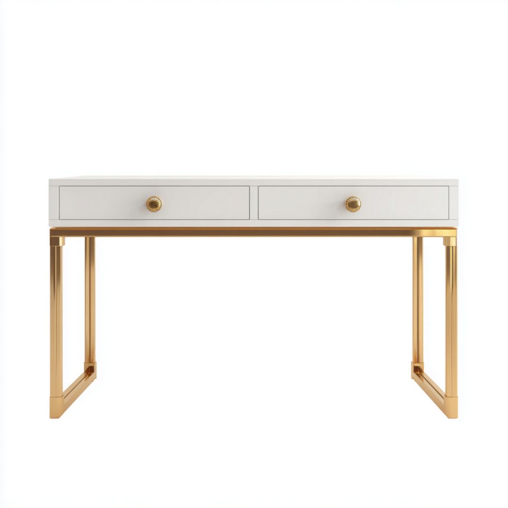 Console beige clair avec pieds métalliques dorés et 2 tiroirs-Belleytrim
