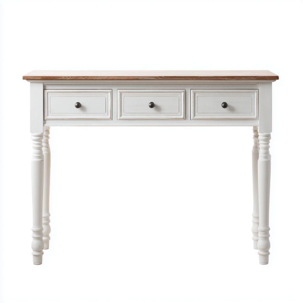Console en bois blanc avec plateau brun clair et 3 tiroirs-Belleytrim