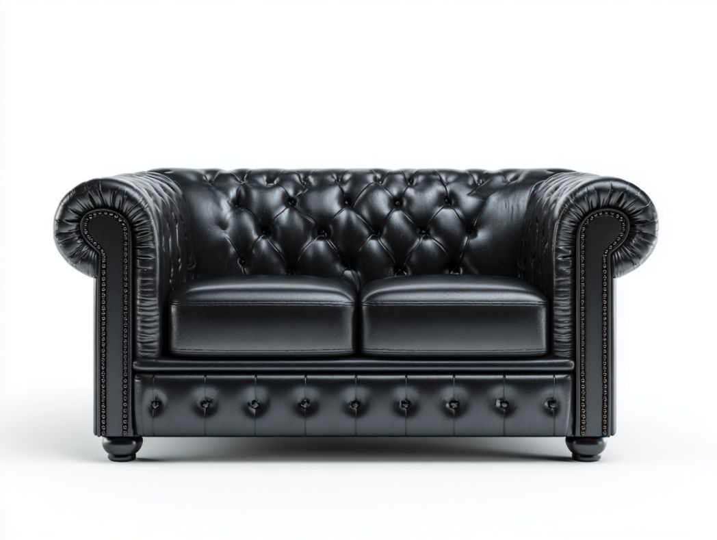 Canapé 2 places en similicuir noir, pieds en bois massif noirs-Belleytrim